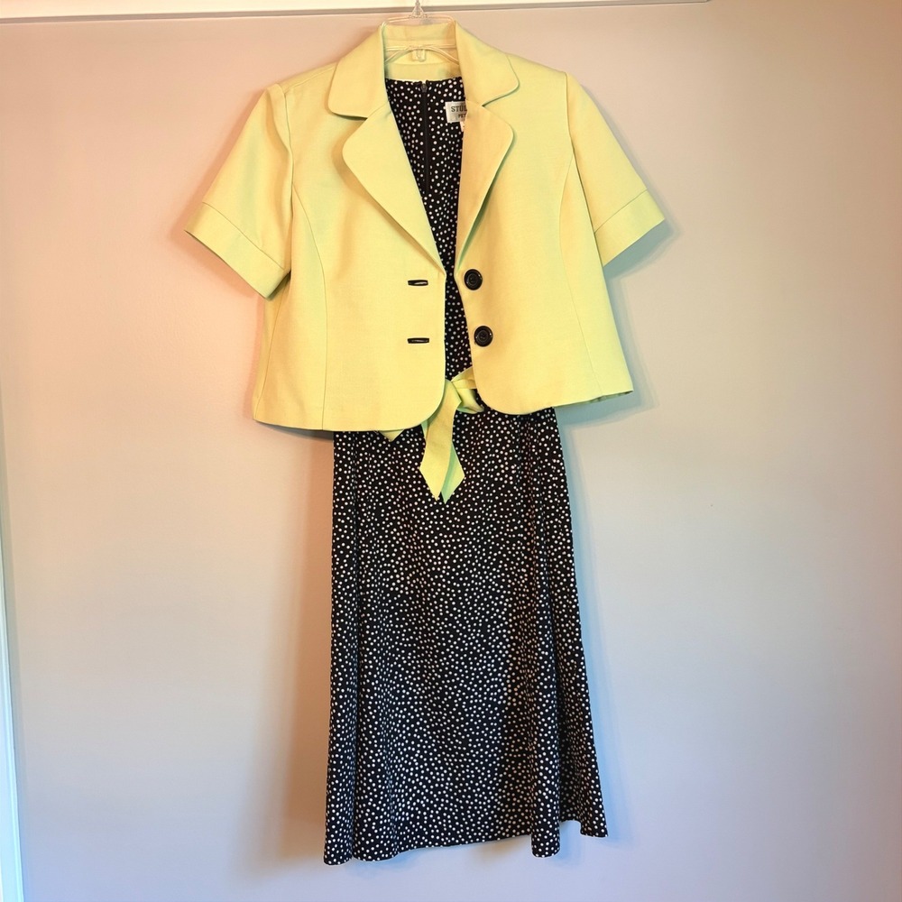 Polka Dot Midi Dress and Lime Green Jacket Size 10P Studio I Petite 2 Piece Set